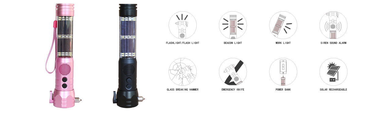 Aluminum Solar Rechargeable Car Emergency LED Flashlight with Safety Hammer and Belt Cutter TL119F