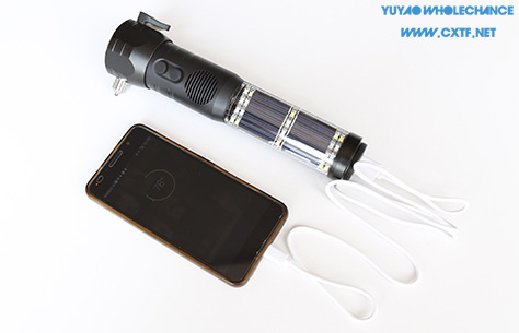 Solar Rechargeable Acousto-optic Alarm Self Rescue Safety Hammer Flashlight TL119F charging mobile